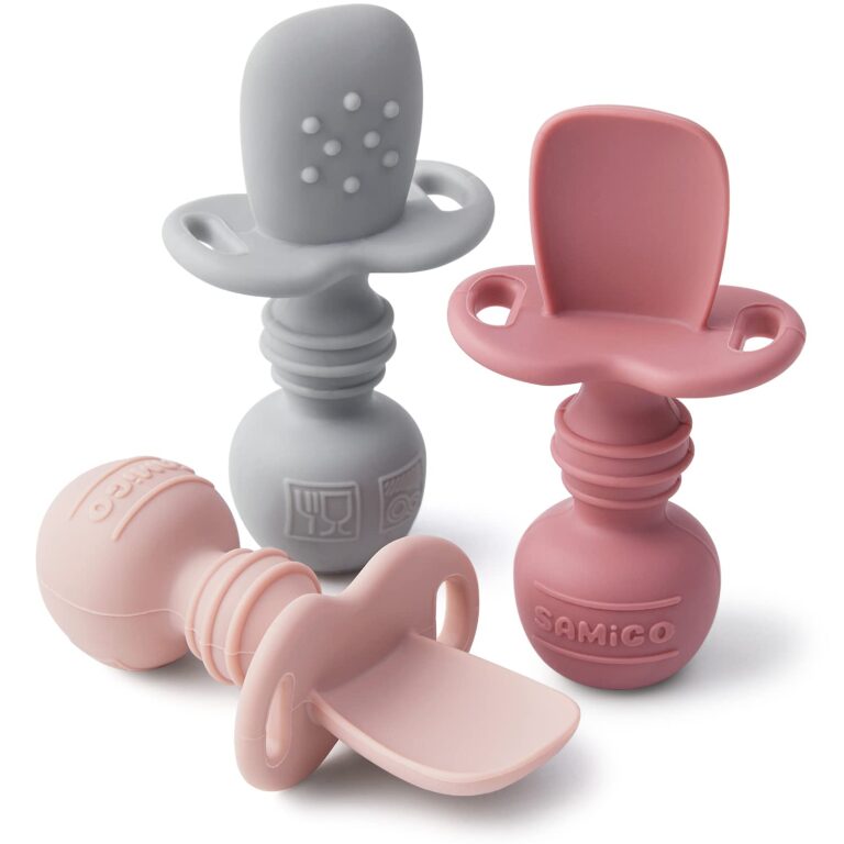 SAMiGO Silicone Baby Spoons Self Feeding 6+ Months – Infant Toddler Utensils – First Stage Baby Led Weaning Feeding Supplies – Set of 3 Pack