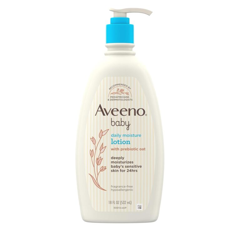Aveeno Baby Daily Moisture Body Lotion for Sensitive Skin, Hypoallergenic Moisturizing Baby Lotion with Nourishing Oatmeal to Deeply Moisturize Baby’s Skin, Fragrance-Free, 18 fl. oz