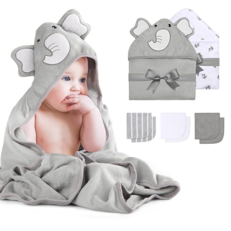 Momcozy Cute Elephant Hooded Baby Towel- 8 Piece Bath Essential, 2 x Towels and 6 x Wash Cloth Set- Perfect Shower Gift for Boys or Girls – Soft and Comfort for Newborn, Infant and Toddler