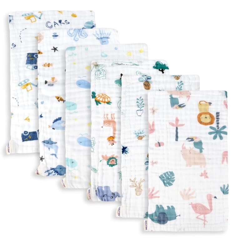 Maliton Muslin Baby Burp Cloths 6 Pack Large 20”x10” 100% Cotton Burp Rags Absorbent and Soft 6 Layers Muslin Cloth Baby Essentials for Newborn(Animals and Cars, Pack of 6)