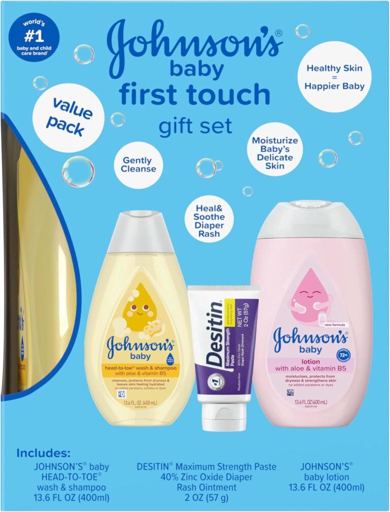 Johnson’s First Touch Baby Gift Set, Baby Bath, Skin & Hair Essential Products, Kit for New Parents with Wash & Shampoo, Lotion, & Diaper Rash Cream, Hypoallergenic & Paraben-Free, 4 items
