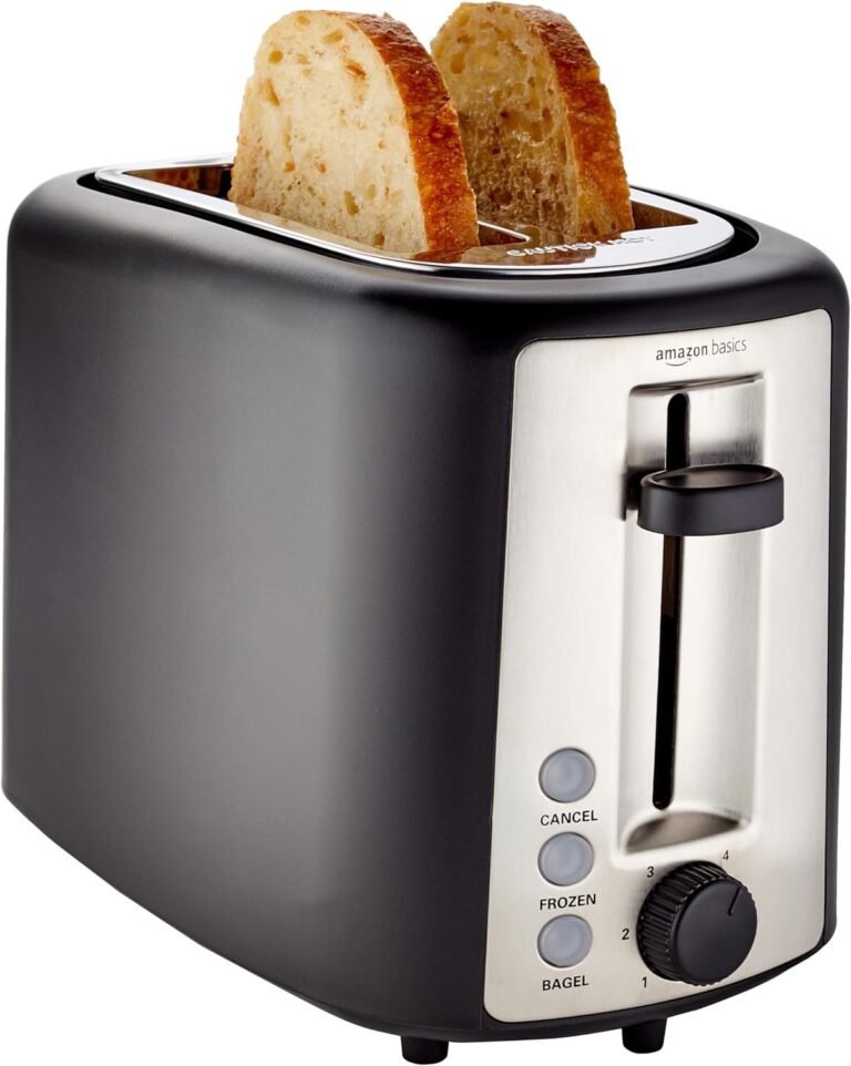 Amazon Basics 2 Slice Toaster, With 6 Browning Settings, Extra Wide Slots For Bagels and Special Breads, Removable Easy-to-Clean Crumb Tray, Cancel/Defrost/Bagel Buttons, 900W, Black & Silver