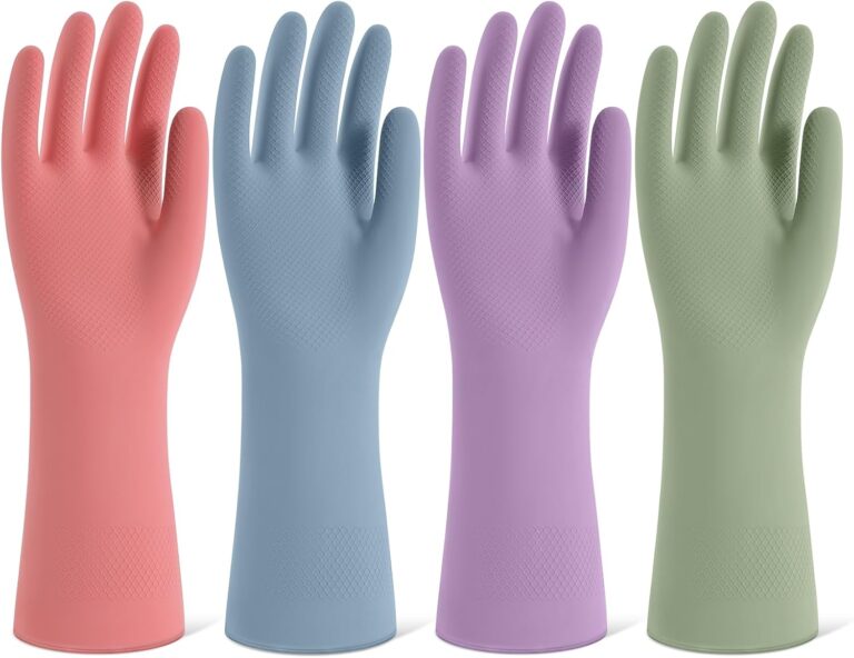 Rubber Cleaning Gloves for Dishwashing, 4 Pairs Reusable Kitchen Gloves for Washing Dishes and Household Cleaning, Colorful Dish Gloves with Flocked Lining and Non-Slip Grip, Pefect for Woman Men – M