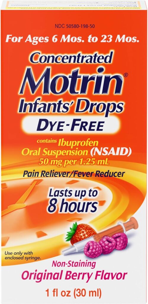 Motrin Infants’ Oral Suspension Concentrated Liquid Medicine Drops with Ibuprofen, NSAID Infant Fever Reducer and Pain Reliever for Babies, Dye-Free, Alcohol-Free, Berry Flavor, 1 FL OZ