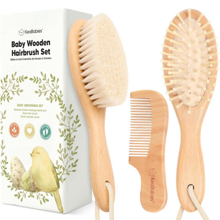 Baby Hair Brush and Comb Set for Newborn – Wooden with Soft Goat Bristle, Newborns Girl, Boy, Toddler Cradle Cap (Oval, Walnut)