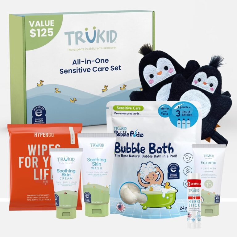 TruKid Bath Baby Essentials, Kids Skincare Set, Toddler Bubble Bath, Fragrance-Free Wash Lotion Sunscreen and Body Wipes, Baby Shower Gift Set