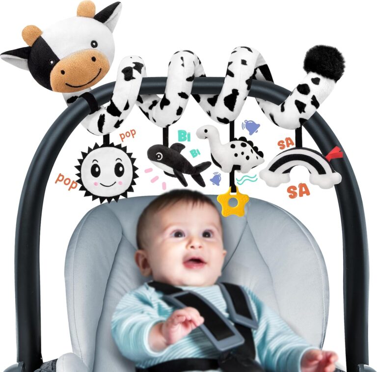 Spiral Car Seat Baby Toys 0-6 Months, Infant Carseat High Contrast Sensory Toys Hanging Stroller Accessories, Newborn Shower Gifts for Baby Boys Girls Essentials Stuff, Cute Black and White Cow