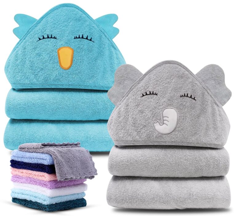 Cute Castle 2 Pack Hooded Baby Towel Rayon Made from Bamboo and 8 Washcloths – Lovely Elephant, Happy Bird
