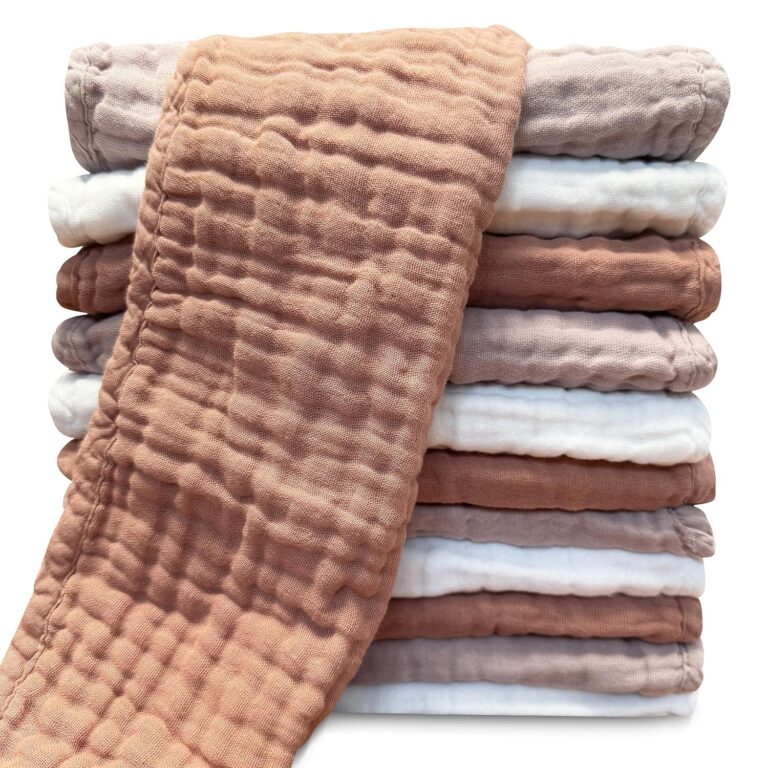 Muslin Burp Cloths for Baby 100% Cotton Burping Cloths for Unisex, Boy, Girl – Large 20” by 10” Newborn Essentials Ultra Soft Absorbent Milk Spit Up Rags – 12 Pack – White+Light Bean Paste Series