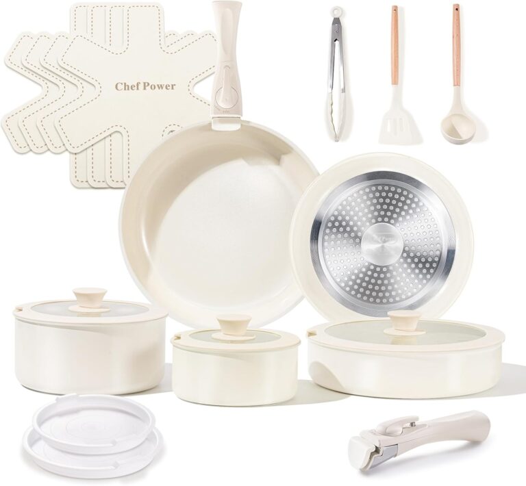 Chef Power Ceramic Cookware Set Non Toxic with Detachable Handles, Healthy Nonstick Pans and Pots Set 19 Pcs, Induction Dishwasher Oven Safe Kitchen Set, PFAS PFOA & PTFE Free, Cream White