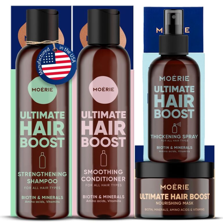 Moerie Shampoo and Conditioner Plus Hair Mask and Spray Mega Pack – The Ultimate Growth Care – For Longer, Thicker, Fuller Hair – Volumizing Products – Paraben & Silicone Free – 4 items