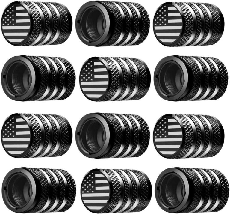 Tire Valve Stem Cap Cover – (12 Pack) Tire Air Cap Metal with Plastic Liner Corrosion Resistant Leak-Proof American Flag for Car Truck Motorcycle Bike Black