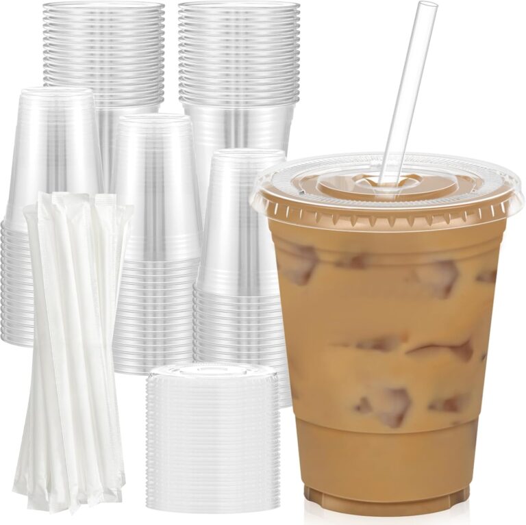 100 Pack – 16 oz Clear Plastic Cups with Lids and Straws, Sturdy & Food Safe Iced Coffee Cups with lids, Disposable Plastic Smoothie Cups for Cold Drinks