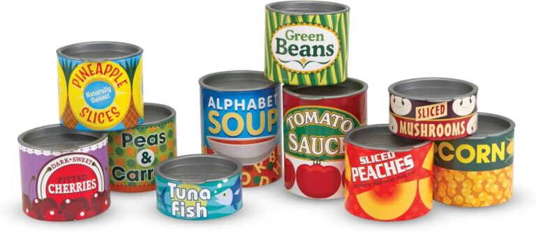 Melissa & Doug Let’s Play House, 10 Grocery Cans with Removable Lids, Toy Food & Play Kitchen Accessories, Preschool Learning Toys for Girls & Boys 3+