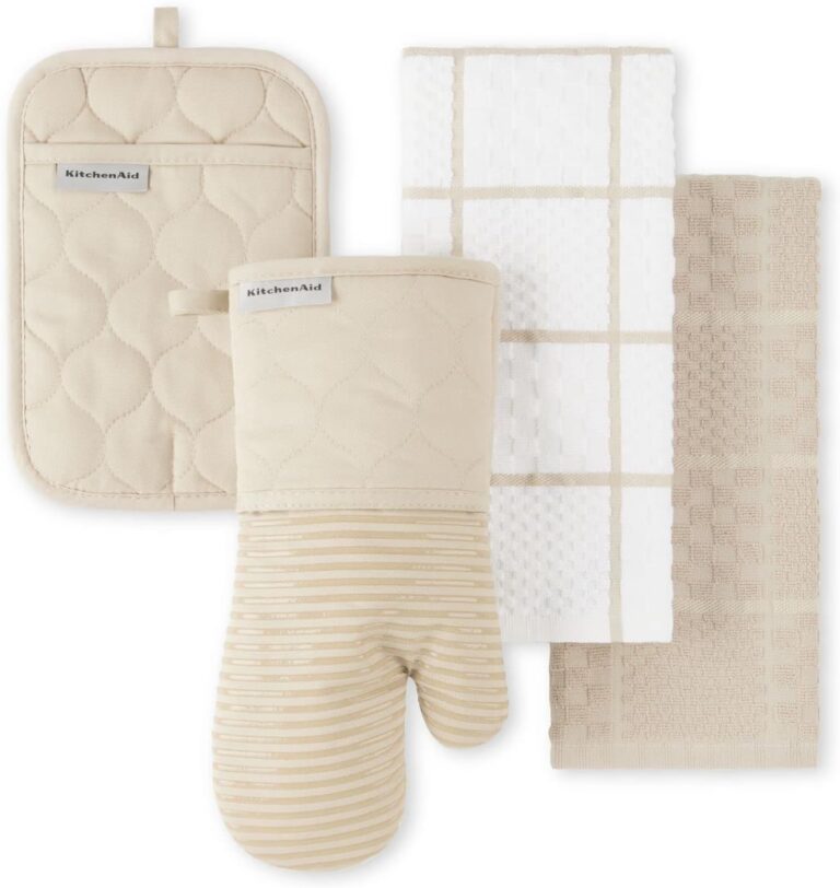 KITCHENAID Quilted Cotton Terry Cloth Oven Mitt, Pot Holder, Kitchen Towel 4-Pack Set, Heat Resistant, Silicone Grip, 16″x26″, 7″x13″ & 7″x10″, Milkshake