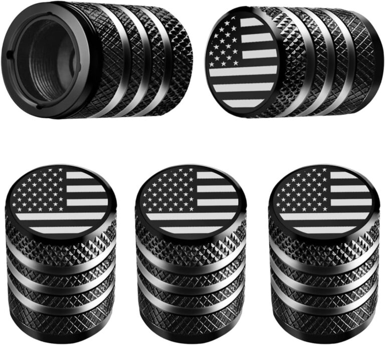 Tire Valve Stem Cap Cover – (5 Pack) Tire Air Cap Metal with Plastic Liner Corrosion Resistant Leak-Proof American Flag for Car Truck Motorcycle Bike Black