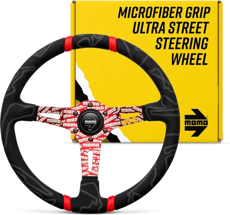 MOMO Motorsport Ultra Street Steering Wheel Black Premium Microfiber Grip, Red Anodized w/Logo Spoke, Double Red Stripe Center, 350mm