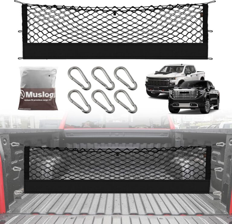 Muslogy Truck Bed Cargo Net Compatible with 2013-2025 Chevy Silverado & GMC Sierra 1500/2500HD/3500HD Accessories Storage Organizer Pickup Truck Bed Envelope Style Cargo Net with Heavy Duty Carabiners
