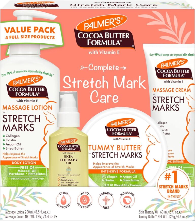 Palmer’s Cocoa Butter Formula Pregnancy Skin Care Kit for Stretch Marks and Scars, Dermatologist Approved, Gift for Mom to Be, 4 Piece Full Size Set