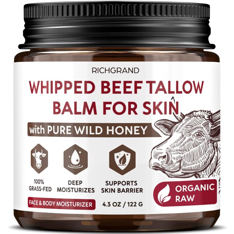 Beef Tallow for Skin – Whipped Tallow and Honey Balm – Grass Fed Beef Tallow for Face, Daily Moisturizer & Body Butter – Natural Non Comedogenic Skincare (4.3 oz)