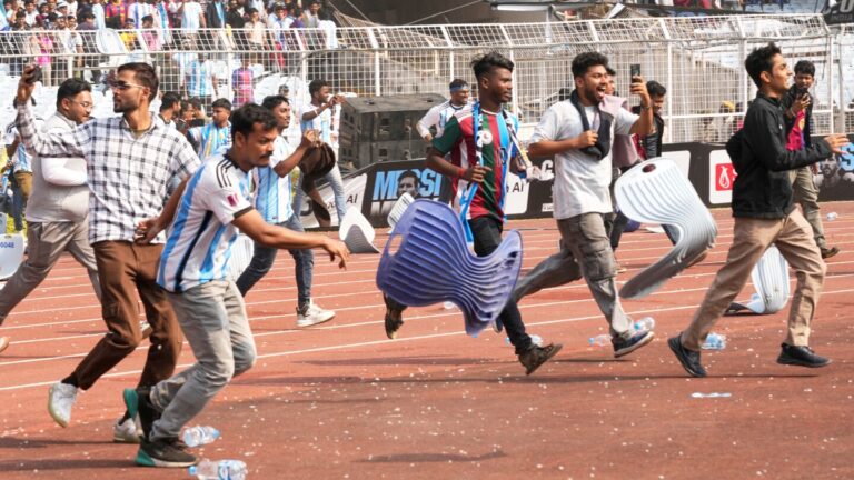 Messi’s tour of India gets off to chaotic start with fans throwing bottles